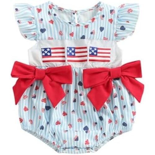 Newborn Baby Girl 4th Of July Outfit American Flag Heart Fly Sleeve Smocked Romper Infant Bodysuit Patriotic Clothes