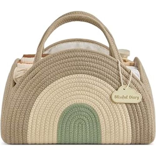 Blissful Diary Baby Diaper Caddy Organizer, Cotton Rope Diaper Caddy Basket, Large Storage Basket for Newborn Boys and Girls, Gift for Baby Shower List, Newborn Essentials, Natural Rainbow