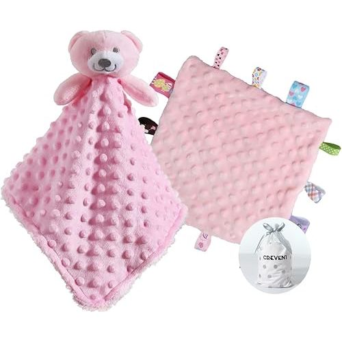 CREVENT Soft Plush Animal Face Security Blankets for Boys and Girls, Great Gifts for Birthday Baby Shower (Pink Bear + Tag)