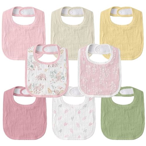 GLLQUEN BABY Muslin Drool Bibs for Boys Girls 8 Pack, Adjustable Baby Bibs for Drooling and Teething, Soft Cotton Baby Bandana Bib for Newborn Feeding Essentials (Line-Talk Elephant)