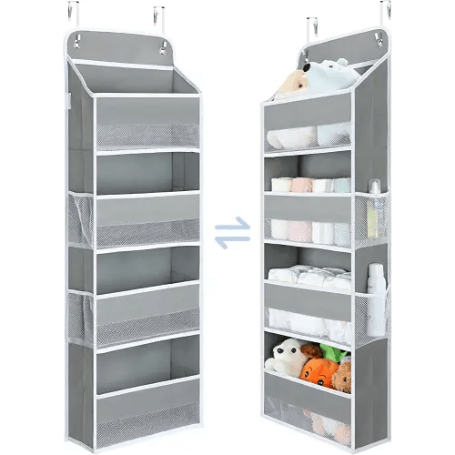 1 Pack Over the Door Organizer, Yecaye 35.2lbs Load Closet Door Organizer Hanging, Swing-proof Diaper Organizer Storage with 4 Big Pockets 4 Side Mesh Pockets for Nursery Newborn Baby Essentials Stuff