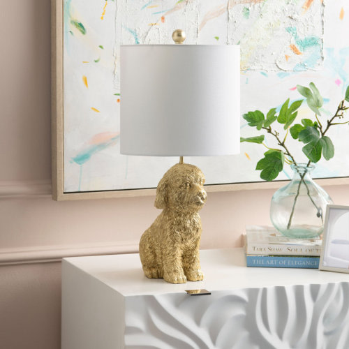 House of Hampton® Gold Resin Doodle Dog Table Lamp With Linen Shade | Wayfair