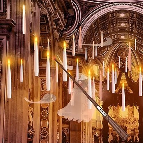 Christmas Decorations, 20 PCs Floating Candles with Wand Magic Hanging Candles, Flickering Warm Light Flameless Floating LED Candle with Wand Remote, Battery Operated Taper Candle Set for Theme Party