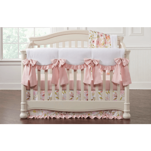 Crib Skirt in Blush Watercolor Floral with Petal Pink Ruffle
