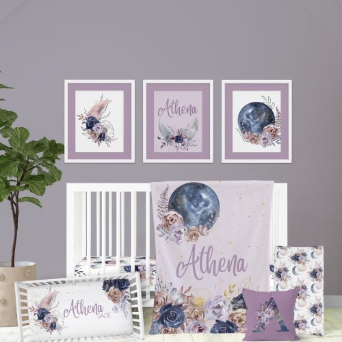 Baby Girl Crib Bedding Set, Moon and Stars Crib Bedding, Moon Stars Nursery Decor, Purple Crib Bedding, Moody Floral, Personalize Crib Sheet