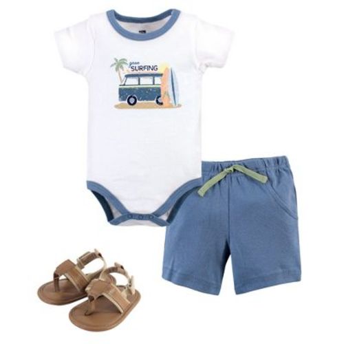 Hudson Baby Infant Boy Cotton Bodysuit, Shorts And Shoe 3pc Set, Gone Surfing, 0-3 Months