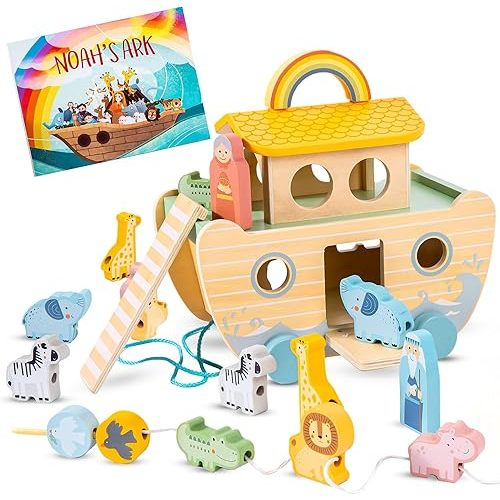 Wooden Noah’s Ark Toy - Baptism Gifts for Baby Girl, Boys & Kids | Fun Colorful Christening & Baptismal Gifts for Boys & Girls | Christian & Catholic Baby Gifts | Noahs Ark Toys for Toddlers from 2