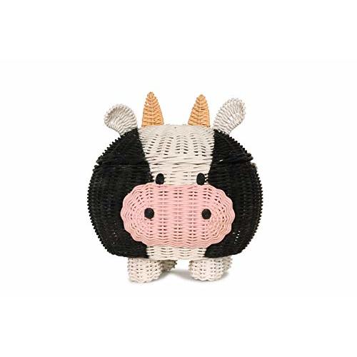 G6 COLLECTION Cow Rattan Storage Basket With Lid Decorative Bin Home Decor Hand Woven Shelf Organizer Cute Handmade Handcrafted Nursery Gift Animal Decoration Artwork Wicker Cow