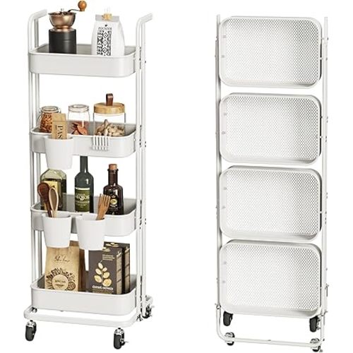 DTK 4 Tier Foldable Rolling Cart, Metal Utility Cart with Lockable Wheels, Folding Storage Trolley for Living Room, Kitchen, Bathroom, Bedroom and Office, White