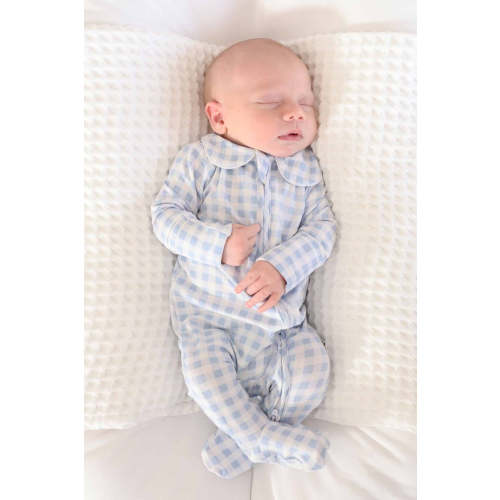 Peter Pan Collar Zipper Footie | Dusty Blue Gingham