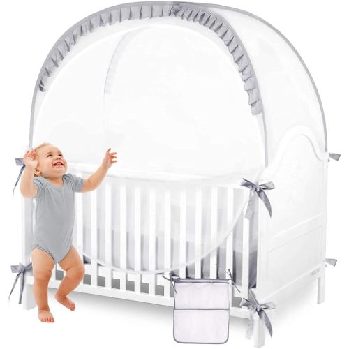 Baby Safety Crib Tent Infant Pop up Mosquito Net Nursery Bed Canopy Netting Cover - Keep Baby from Climbing Out with Hanging Diaper Storage Bag (Gray)