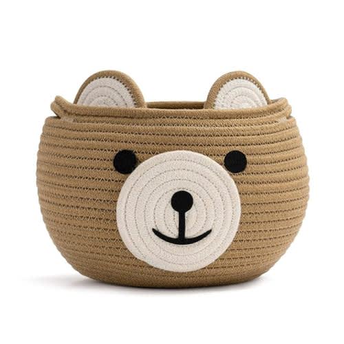 CherryNow Cute Bear Round Basket - Cotton Rope Baskets in Living Room Woven Baby Shower Basket Bedroom Storage Bakset for Children Corner Plant Basket Indoor, Brown, 10.5"D x 8.5"H