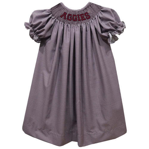 Texas AM Smocked Maroon Gingham Short Sleeve Bishop