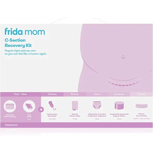 Frida Mom C-Section Recovery Kit for Labor, Delivery, & Postpartum| Socks, Peri Bottle, Disposable Underwear, Abdominal Support Binder, Shower Wipes, Silicone Scar Patches, Toiletry Bag