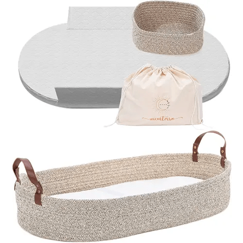Baby Changing Basket with New and Improved Pad Design, Waterproof Cover, Safety Straps and Diaper Caddy - Baby Moses Baskets / Boho Baby