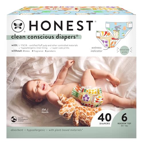 The Honest Company Clean Conscious Diapers for Sensitive Skin | Hypoallergenic, Fragrance Free | Spring '25 Limited Edition Prints | Club Box, Size 6 (35+ lbs), 40 Count