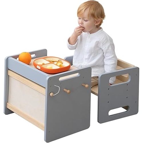 bpmfkid Montessori Weaning Table and Chair Set - Adjustable Design for Toddlers, Ideal for Mealtime, Learning, and Play, Grey