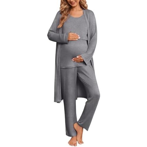 Ekouaer Nursing Pajamas Maternity Robe Set 3 Pieces Postpartum Maternity Pajama Set Pregnancy Breastfeeding Pj