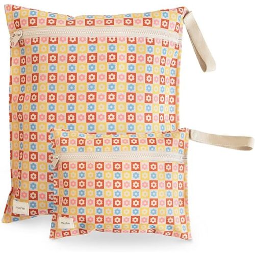 mushie Water Resistant Wet Bags | Large & Small Reusable Storage Bag for Baby Items and Travel | Zippered Pockets with Handle | Machine Washable, Set of 2 (Happy Flowers Check)