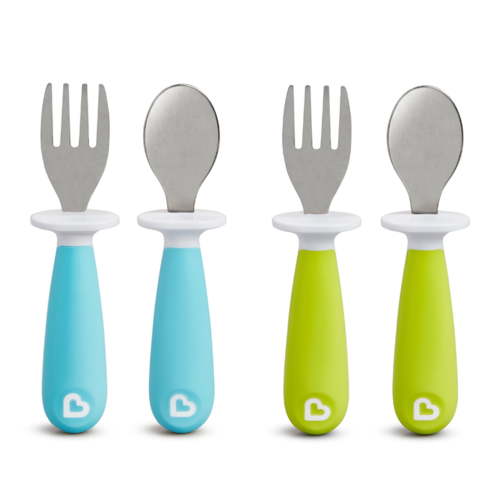 Munchkin Raise Toddler Utensil Set Blue Green 4 Pack Ergonomic Self-Feeding Flatware