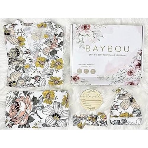 Robe Swaddle Set Matching Mommy and Me Set Baby Girl Swaddle Blanket Gift 5-Piece Set Hospital Robe Vintage Floral (Vintage Floral, S/M)