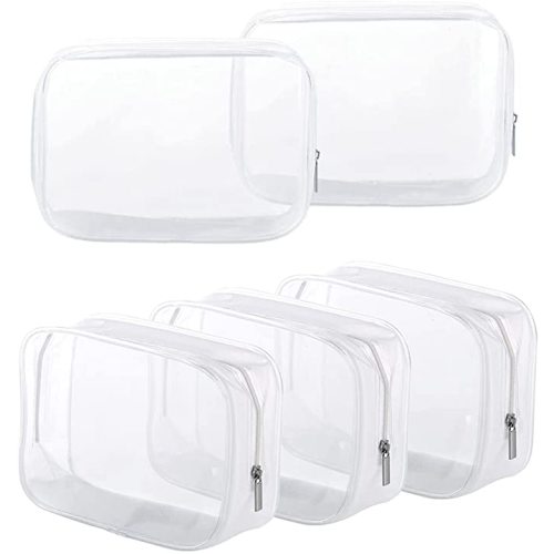 5 Pack Clear Plastic Zippered Toiletry Carry Pouch TSA Approved Toiletry Bag Portable Cosmetic Makeup Bag for Vacation, Bathroom and Organizing (Small, White)