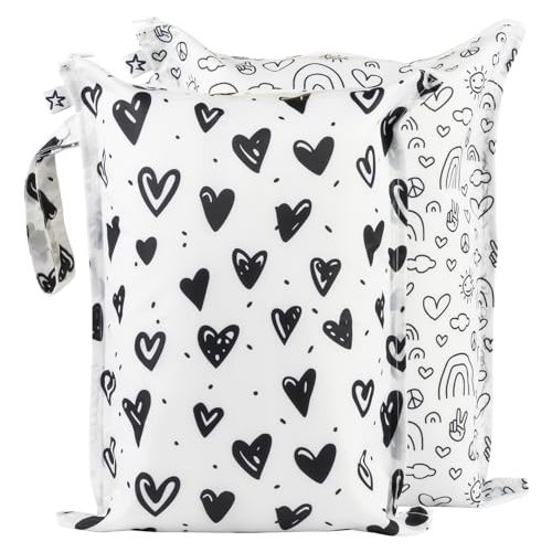 Tiny Twinkle MESS-proof Waterproof Wet Dry Bag | 2 Pack Reusable for Swimsuits, Gym & Baby Clothes | Leakproof Wet Clothes Bag, Beach Travel Essentials (Black,White)
