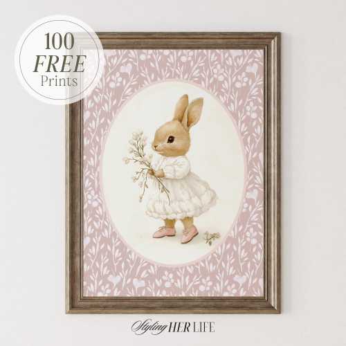 Vintage Rabbit Art Print, Cottagecore Print, Vintage Nursery, Pink Nursery, Baby Girl Nursery, Antique Wall Art, Printable Art, DIGITAL