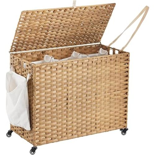 Laundry Hamper with Wheels, 52.8 Gallon(200L) Rolling Laundry Basket with Lid, 3-Section Rattan Clothes Hamper with 3 Removable Liner & 3 Mesh Bags, Laundry Sorter with Side Pocket, Natural