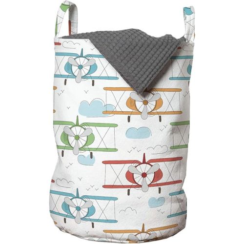 Ambesonne Airplane Laundry Bag, Vintage Single Engine Biplanes in Colorful Sketch Style Aviation Theme, Hamper Basket with Handles Drawstring Closure for Laundromats, 13" x 19", Pale Blue