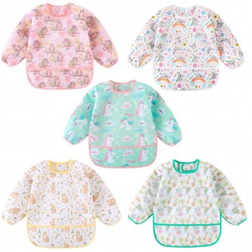 HaimoBurg 5 Pcs Mess Proof Baby Bib, Waterproof Sleeved Bib Outfit, Baby Smock for Eating for 5-30 Months