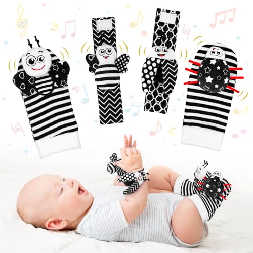 Baby Toys 0-6 Months, 4PCS Foot Finders & Wrist Rattles for Infants Newborn Toys, Black and White Sensory Toys, Rattle Socks Hand and Foot Rattles for 0-3 0-12 Months Birthday Shower Gifts