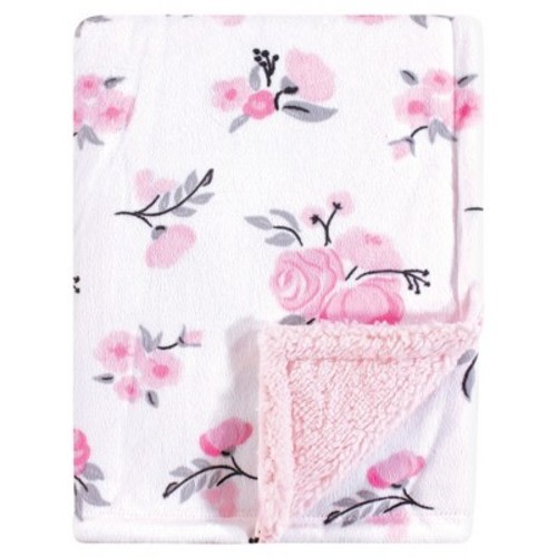 Hudson Baby Infant Girl Plush Blanket With Faux Shearling Back, Pink Floral, One Size