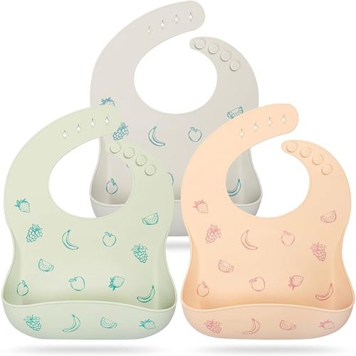 Mia Li Silicone Bibs – 3pcs Waterproof Silicone Bib Set – Silicone Baby Bibs with Adjustable Closure – Non-Messy Toddler Bib - Fruit - Sage, Sand, Stone