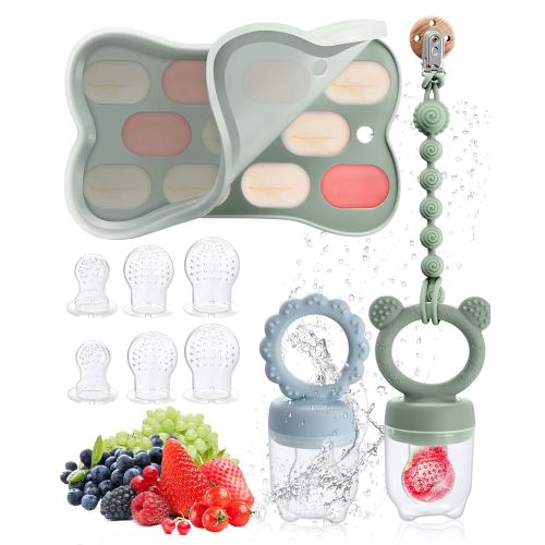 Mittimiya 2 Pack Baby Fruit Food Feeder & Baby Popsicle Mold & Pacifier Chain, Breastmilk Popsicle Molds for Cooling Relief, BPA Free Silicone Feeder for Teething & Infant Self Feeding