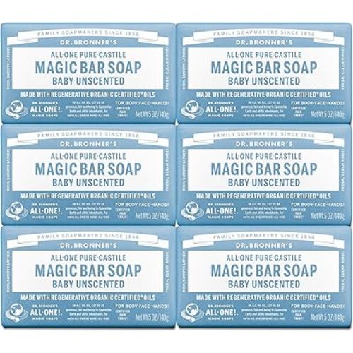 Dr. Bronner's Pure-Castile Magic Bar Soap (Baby Unscented, 5 oz, 6-Pack) - Made with Regenerative Organic Certified Oils, For Face, Body & Hair, Gentle for Sensitive Skin - Vegan, Non-GMO