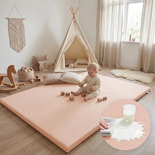 Huloo Sleep Waterproof Baby Play Mat for Floor,65x50 Padded Playpen Mat with Vegan Leather Cover,1.3" Thick Cushion Foam Nursery Rug for Infants,Toddlers & Kids,Non-Slip & Non-Toxic(Pink)