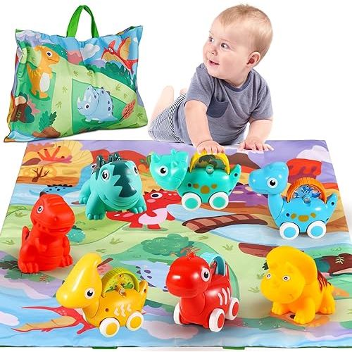 ALASOU 7 PCS Dinosaur Fantastic Creatures Car Toys with Playmat/Storage Bag|Baby Toys for 1 2 Year Old Boy|1st Birthday Gifts for Toddler|1 Year Old Boy Gift for Infant 12 18 Months