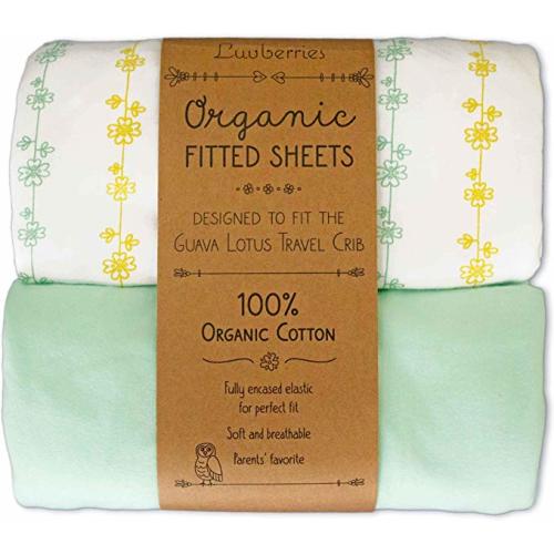 Guava Lotus Travel Crib Sheets (Set of 2) - 100% Organic Cotton Crib Sheets, Baby and Toddler, Fitted Crib Sheets, for Boys & Girls (for The New 4 TAB Mattress ONLY) (Yellow and Green)