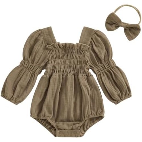 Smocked Baby Girl Clothes Newborn Girl Bubble Romper Long Sleeve Jumpsuit And Headband Outfit Cute Infant Clothing