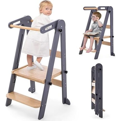Foldable Toddler Tower, Kitchen Stool Helper, Standing Tower with 3 Adjustable Heights and Non-Slip-Strips, Kitchen Tower for Kids 1.5-6 Years, Montessori Stool for Counter Sink (Gray)