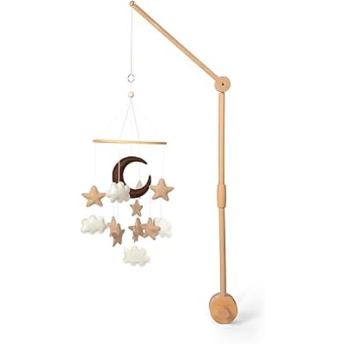 EmmnNic Baby Nursery Set for Crib - Includes - Brown Moon Stars and Clouds Crib Mobile + Wooden Crib Mobile