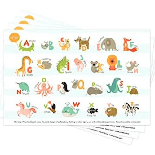Disposable Placemats for Baby 40 Pack Stick-On Baby Placemat Alphabet ABC Animal Kids Table Mat for Restaurants Dining Table Travel Essentials for Toddlers, Multicolor