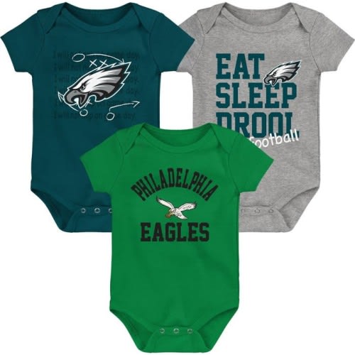 Baby Newborn & Infant Midnight Green/Kelly Green/Heather Gray Philadelphia Eagles Three-Pack Eat, Sleep & Drool Retro Bodysuit Set, 0-3M, Green