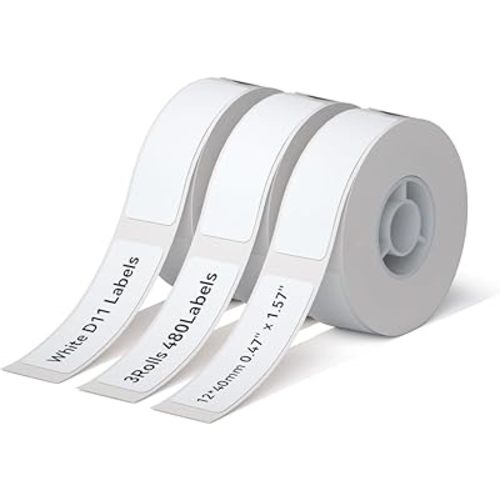 NIIMBOT D11 Label Maker Tape D110 Labels 3Rolls, Self-Adhesive Labeling Tape Replacement 0.47" X 1.57" (12 X 40mm) Thermal Label Refills for Home Office, 480 Labels/3Rolls, White