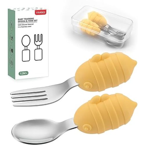 Baby Fork and Spoon Set with Carry Case Baby Training Utensils Self Feeding Toddler Silverware Silicone and Stainless Steel Kids and Toddler Utensil Set-Bees
