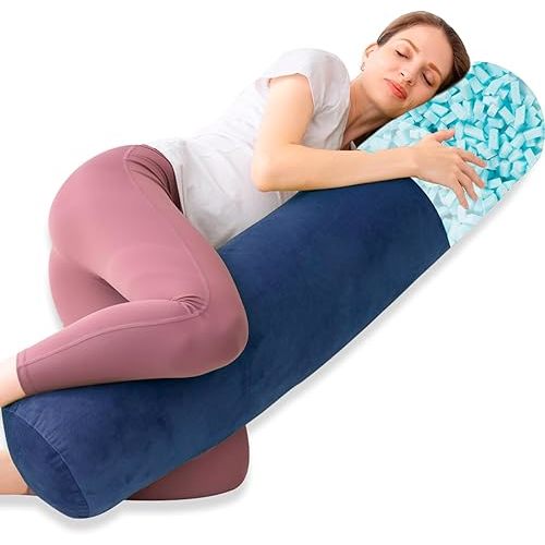 Body Pillow, Memory Foam Round Body Pillows for Adults, Firm Long Bolster Pillow for Bed, Cylinder Tube Roll Pillow with Velvet Cover, 47x7.87 Inches, Navy Blue