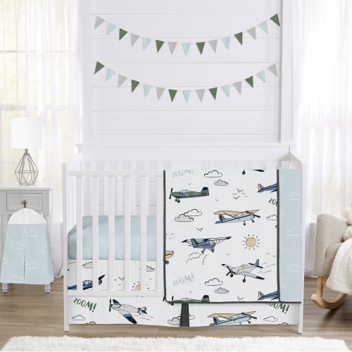 Sweet Jojo Designs Vintage Airplane Boy 4pc Nursery Crib Bedding Set Green Blue Yellow Airplanes Plane Transportation Clouds Sun