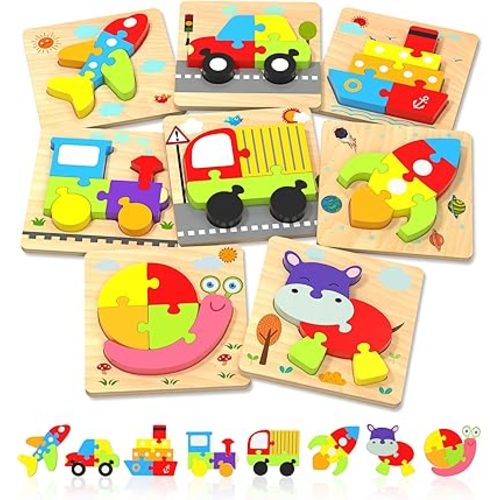 Yetonamr Wooden Toddler Puzzles Gifts Toys for 1 2 3 Years Old Boys Girls, 8 Vehicle Shape Montessori Toy Educational Blocks Kids Toys Gift Baby Learning Toy Age 1-3, 2-4