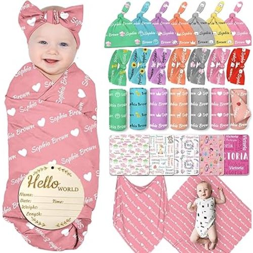 Personalized Baby Girl Boy Swaddle Blanket with Bow Headband and Hat Set Custom Name Baby Blanket Customized Swaddle Newborn Gifts
